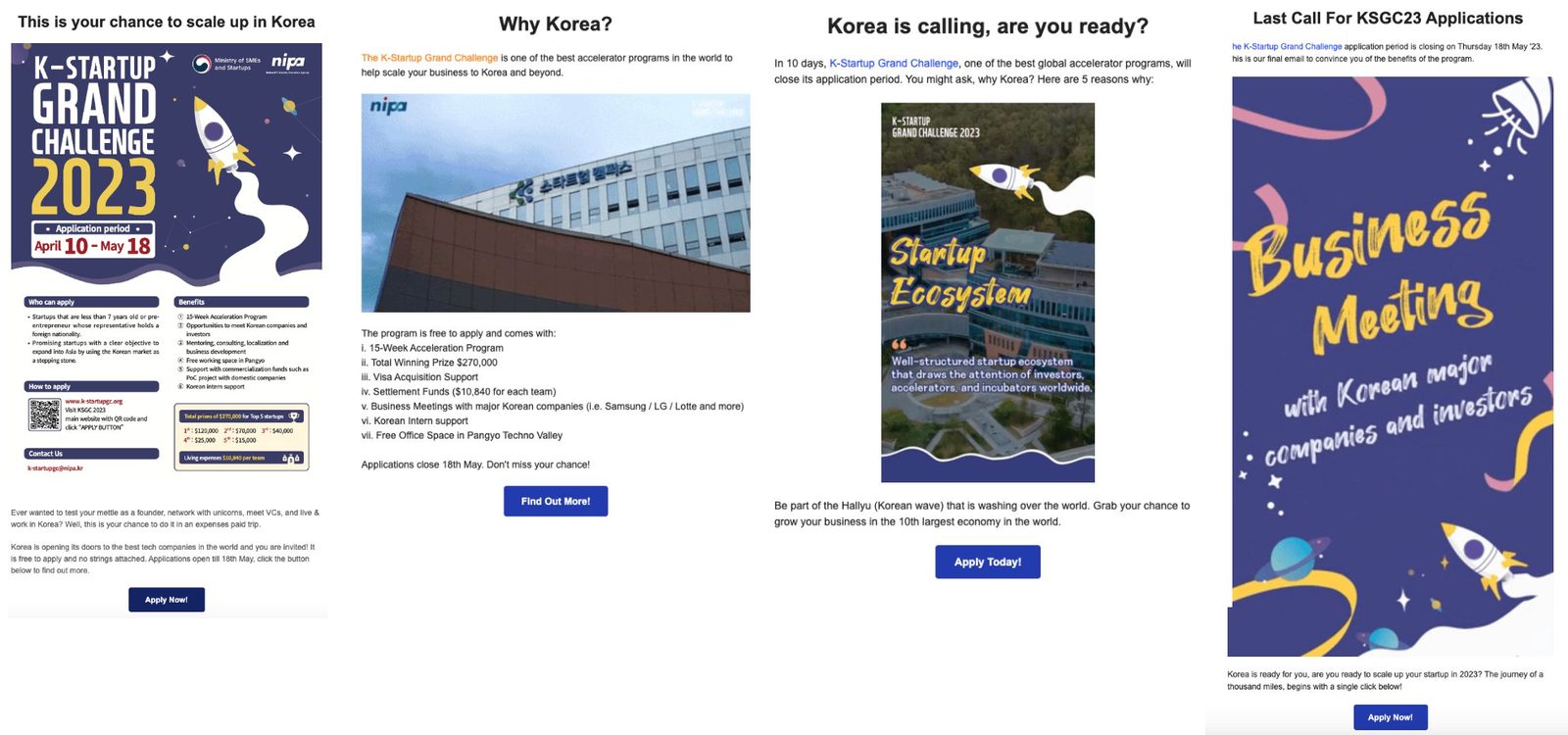Email campaign creatives promoting the K-Startup Grand Challenge 2023 application period