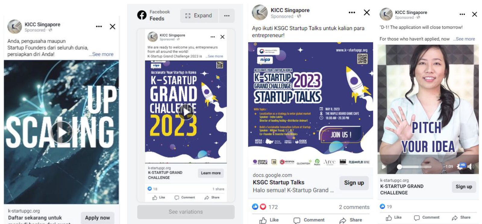 Sponsored Facebook ads for the K-Startup Grand Challenge placed by KICC Singapore