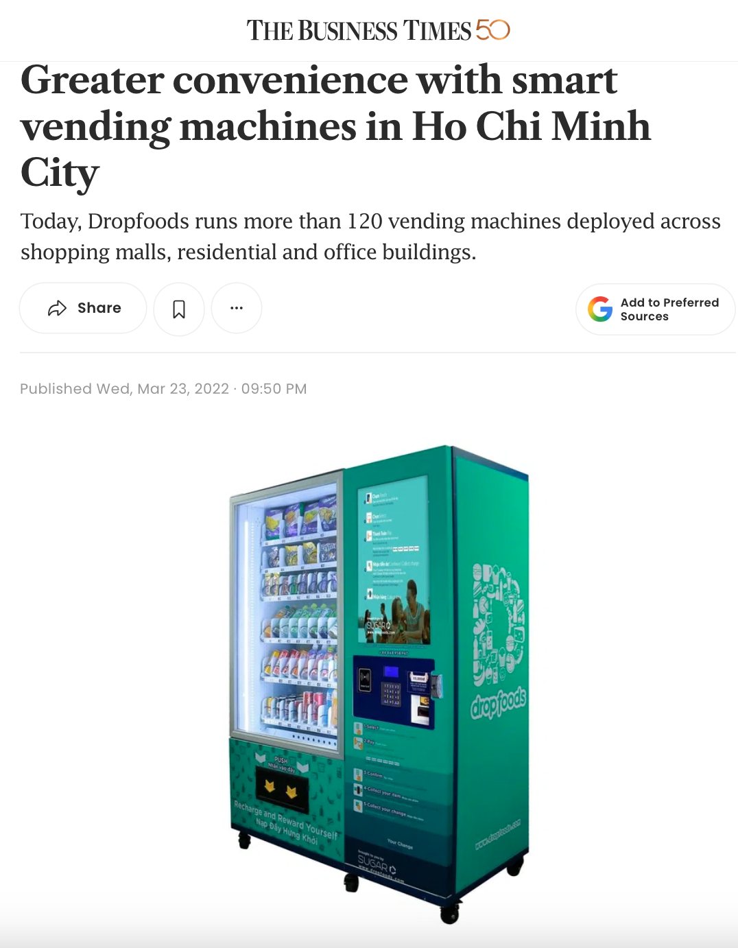 The Business Times, March 2022: Greater convenience with smart vending machines in Ho Chi Minh City, featuring Dropfoods