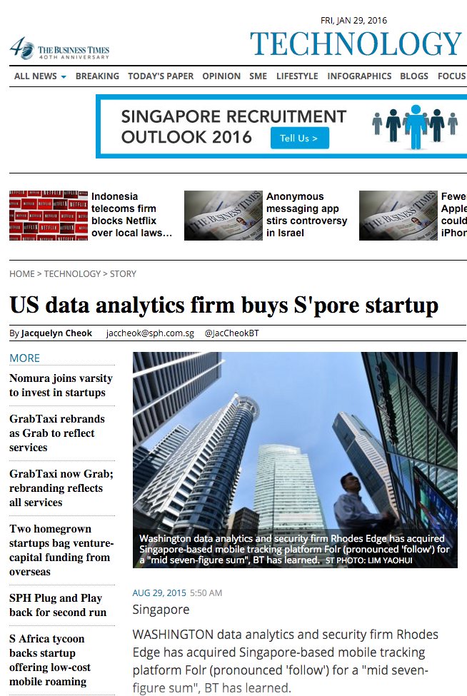The Business Times, August 2015: US data analytics firm buys Singapore startup Folr
