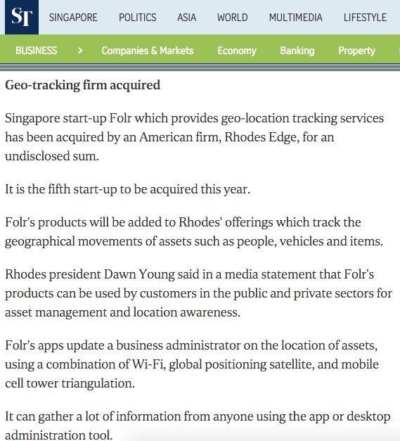 The Straits Times: geo-tracking firm Folr acquired by American firm Rhodes Edge