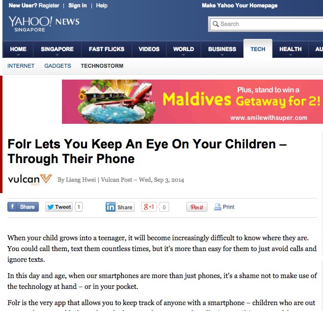 Yahoo News Singapore and Vulcan Post, September 2014: Folr lets you keep an eye on your children through their phone